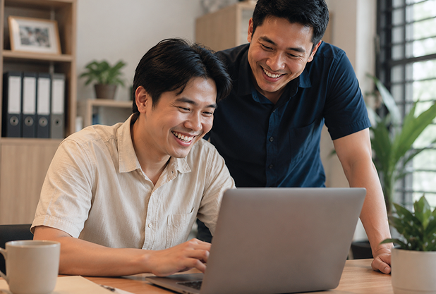 Two learners reviewing a laptop together